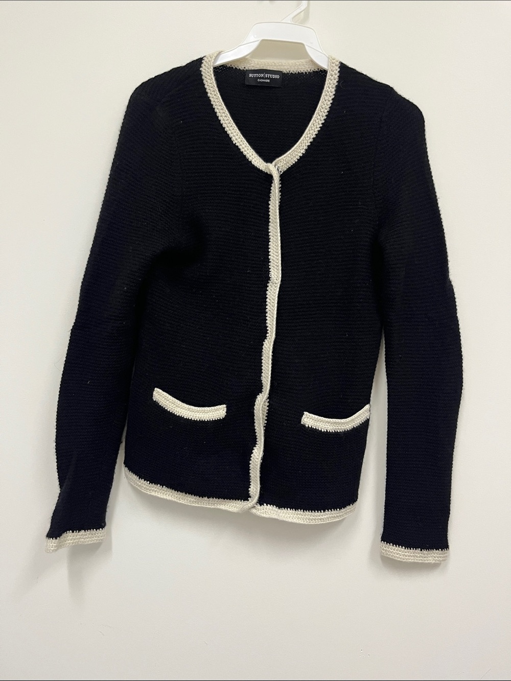 Sutton Studio 100% cashmere  Black Cardigan with Cream Trim size Large?